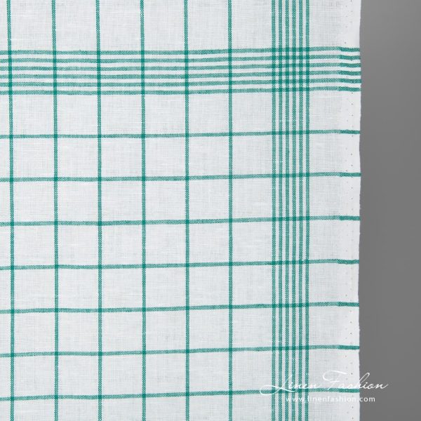 White fabric with green checks narrow width close up view
