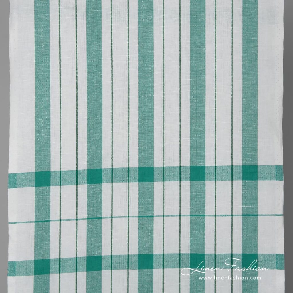 White linen cotton fabric with green stripes