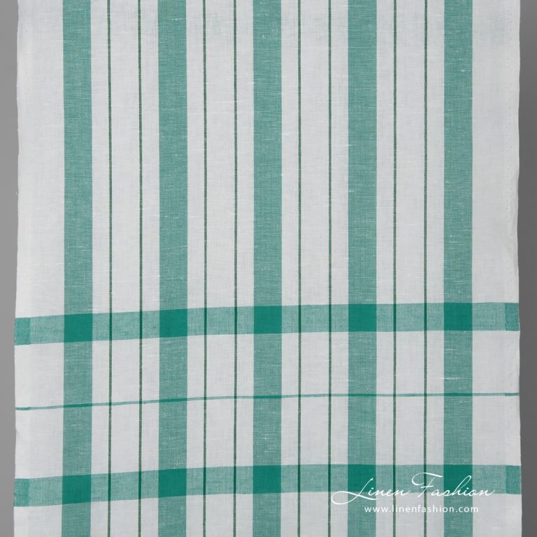 White linen cotton fabric with green stripes