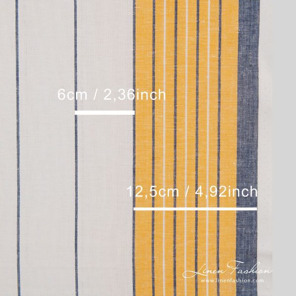 White linen cotton fabric in yellow blue stripes