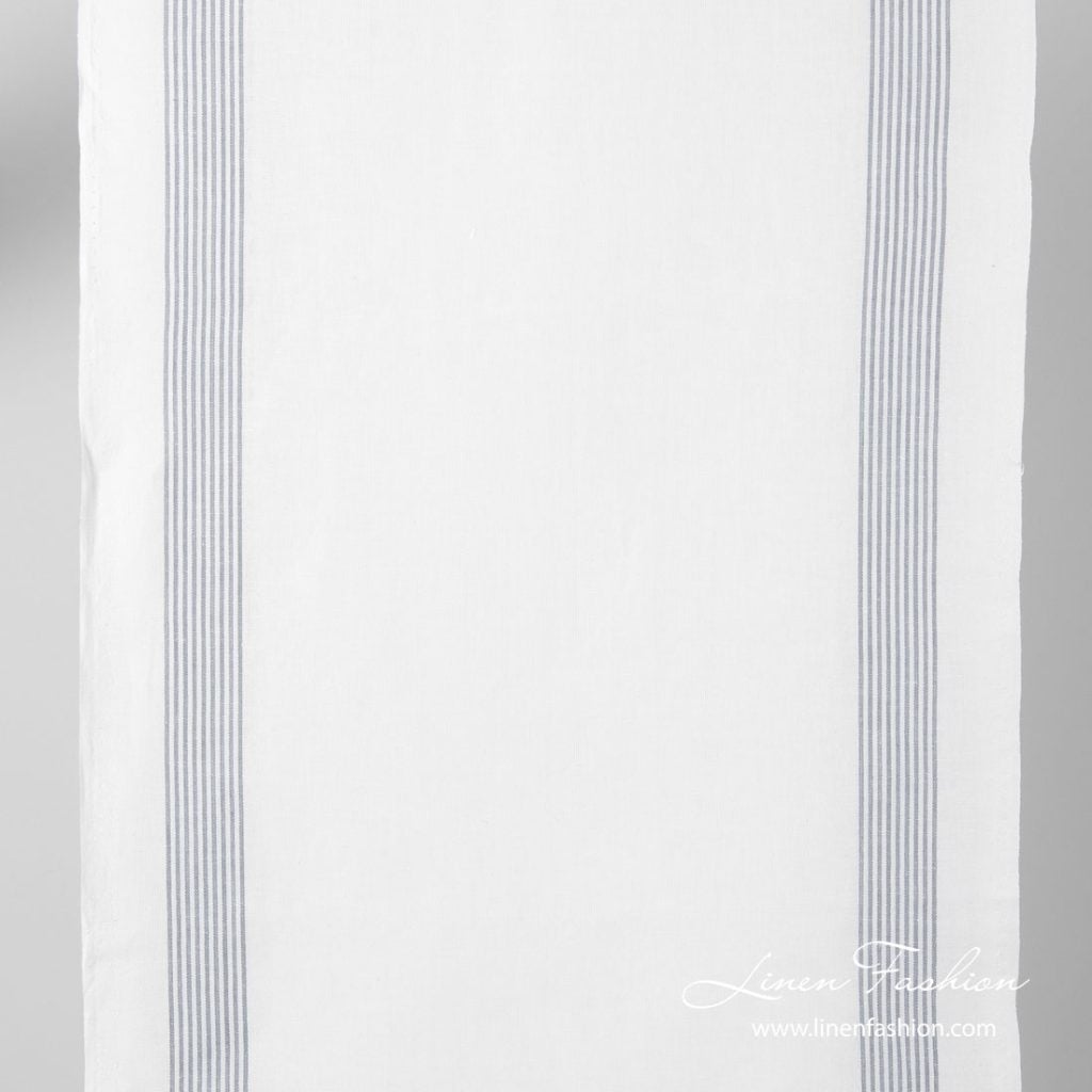 White narrow linen blend fabric with grey stripes