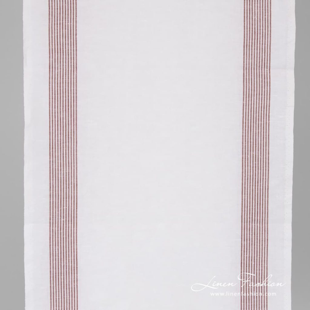 White narrow linen cotton fabric with thin brown stripes.