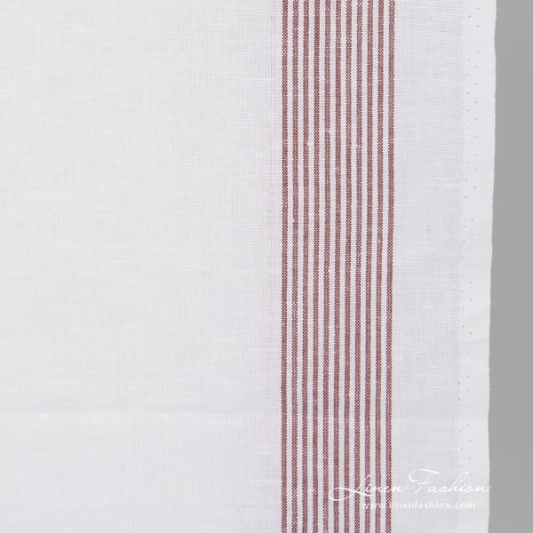 Brown striped white narrow linen cotton fabric.