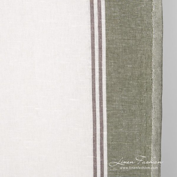 Linen cotton fabric with green and brown stripes, perfect for kitchen towels