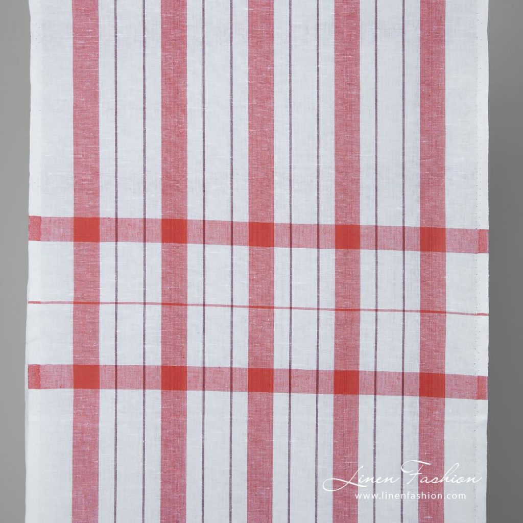 Narrow white linen cotton fabric with red stripes