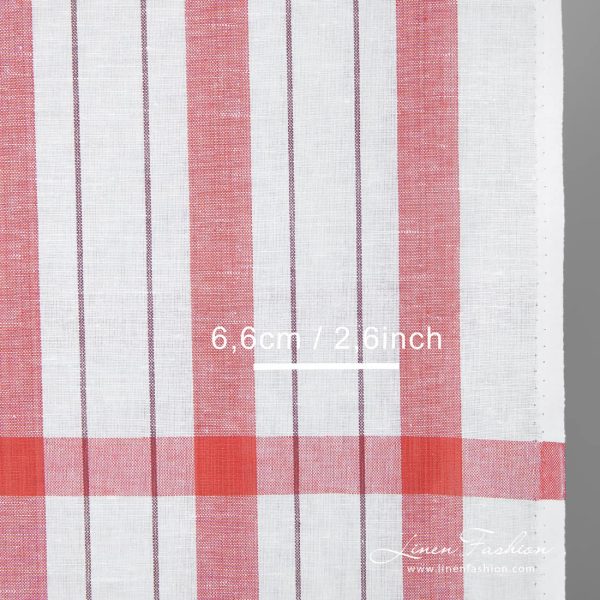 Narrow white linen cotton fabric with red stripes detail close up view