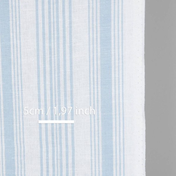 Narrow linen cotton fabric white with light blue stripes, with measurements