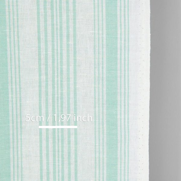 Narrow linen cotton fabric white with mint green stripes, with measurements