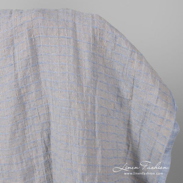 Pure linen patterned ash grey and blue fabric, washed