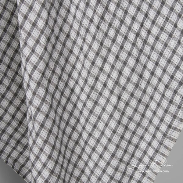 Washed light grey and dark grey check linen fabric