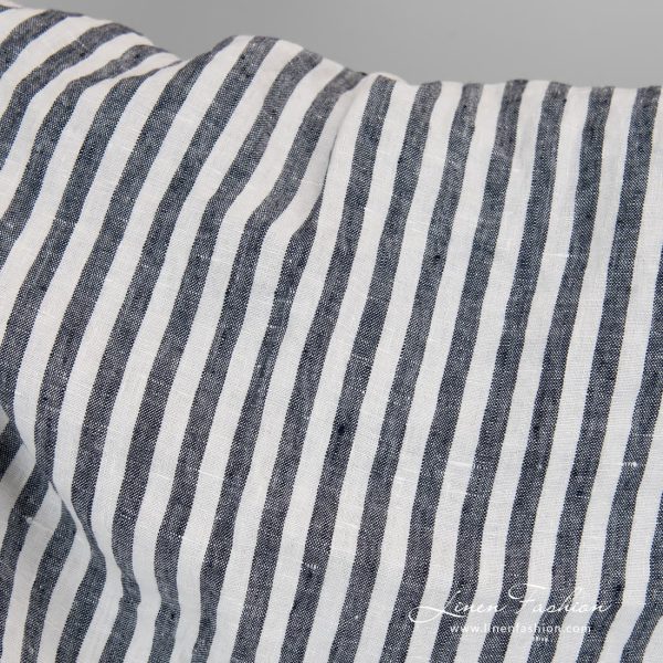 100% linen fabric in navy stripes, washed.