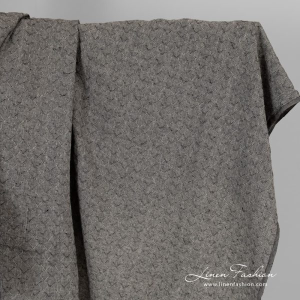 Black melange linen fabric with diamonds, washed.