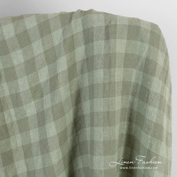 Linen fabric in green checks, washed