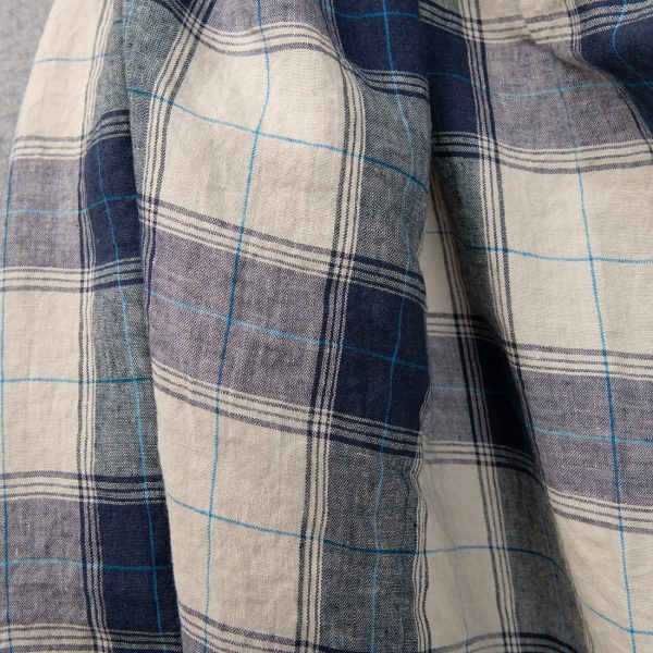 linen washed fabric in blue checks for garments