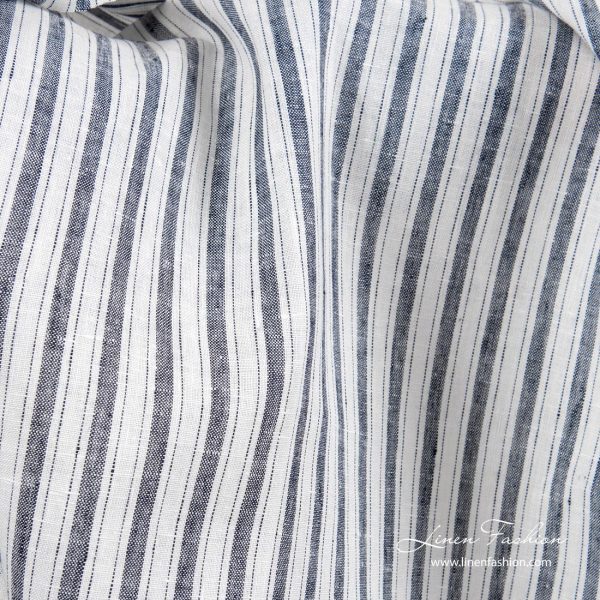 Linen fabric with dark blue stripes, pure linen