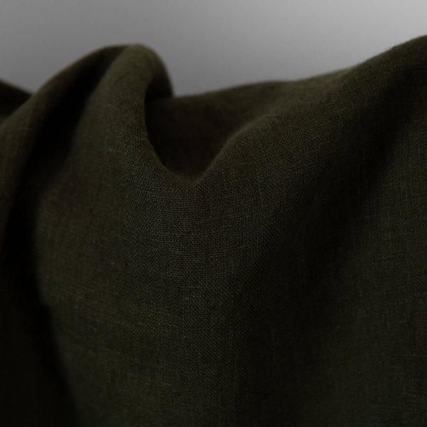 Washed linen fabric dark moss green, pure linen