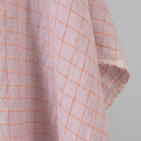 Washed linen fabric lilac with orange checks, specially washed