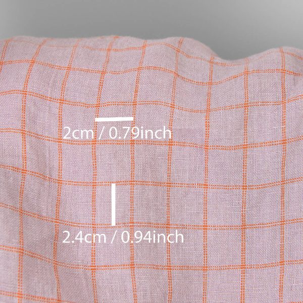 Washed linen fabric lilac with orange checks, with measurements