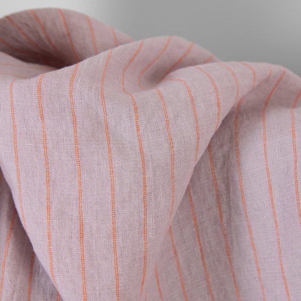 Washed linen fabric lilac with orange stripes, soft to touch