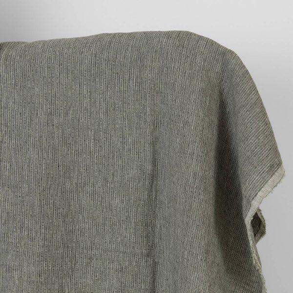 Washed linen fabric green-black small striped pattern