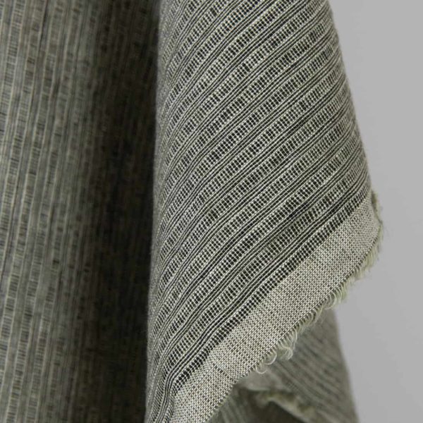 Washed linen fabric green-black small striped pattern, soft to touch