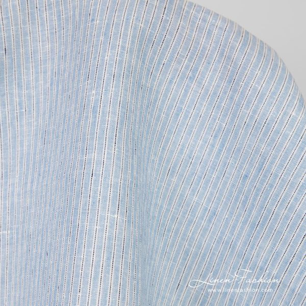 Blue linen fabric in vertical stripes, high quality