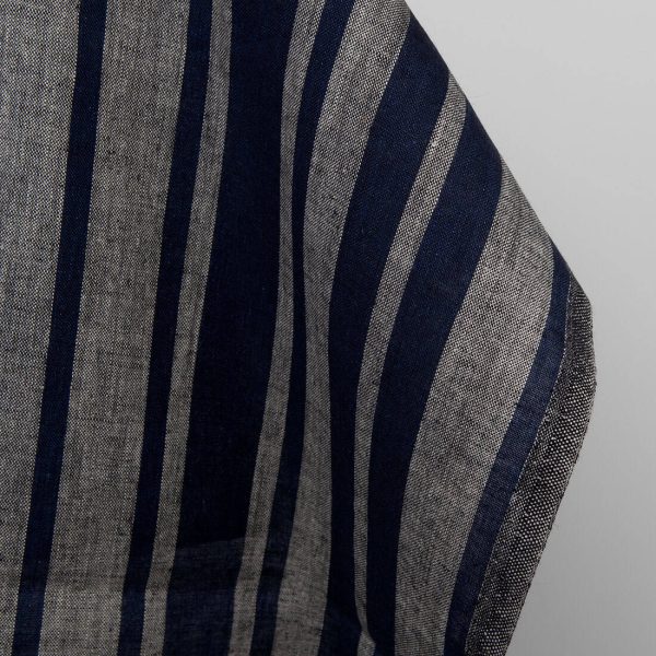Linen fabric in blue and natural stripes, plain weave