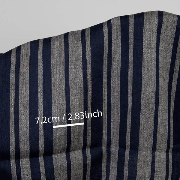 Linen fabric in blue and natural stripes, with measurements