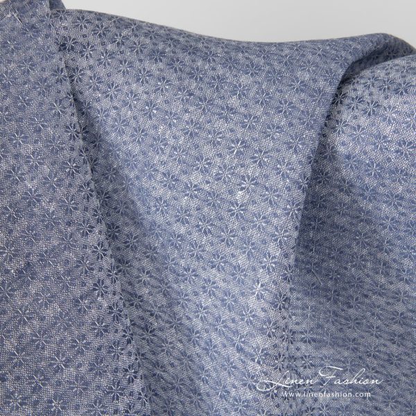 Blue linen fabric in small flower pattern