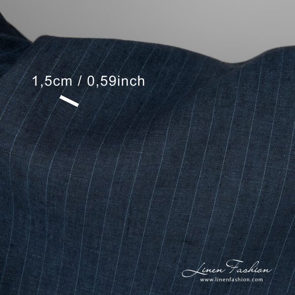 Dark blue striped linen fabric close up detail view