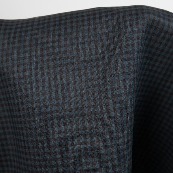 Dark linen fabric in black and blue checks product photo