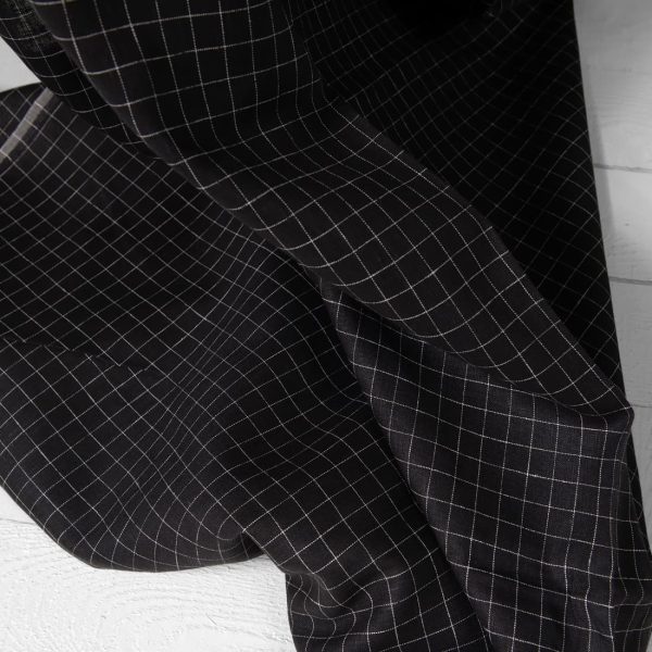 Black linen fabric white checks product photo