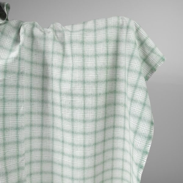 White linen cotton fabric with striped green checks