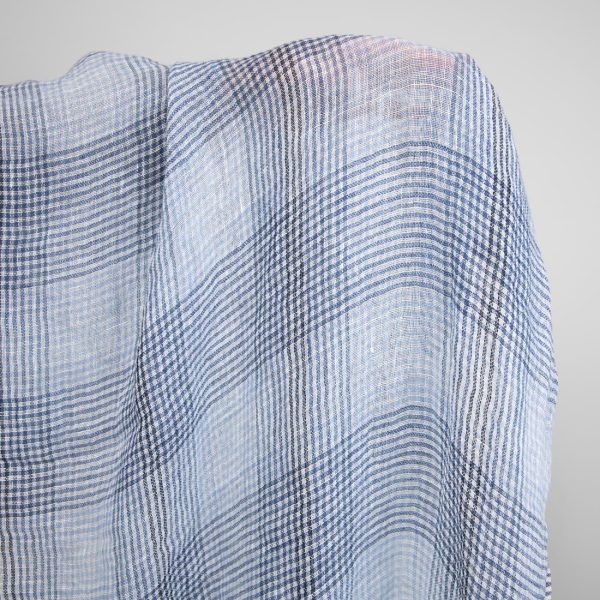 linen gauze blue checks fabric, washed
