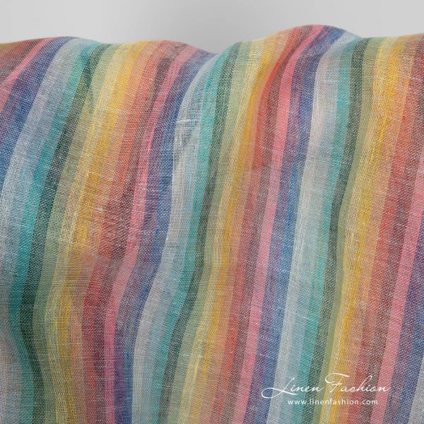 Linen fabric striped rainbow colours transparent product close view