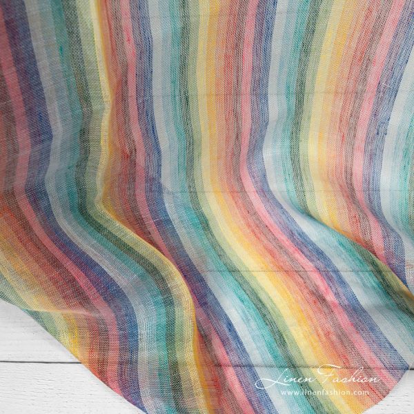 Linen fabric striped rainbow colours transparent product picture laying