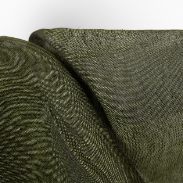 Linen fabric dark moss green colour transparent detail view