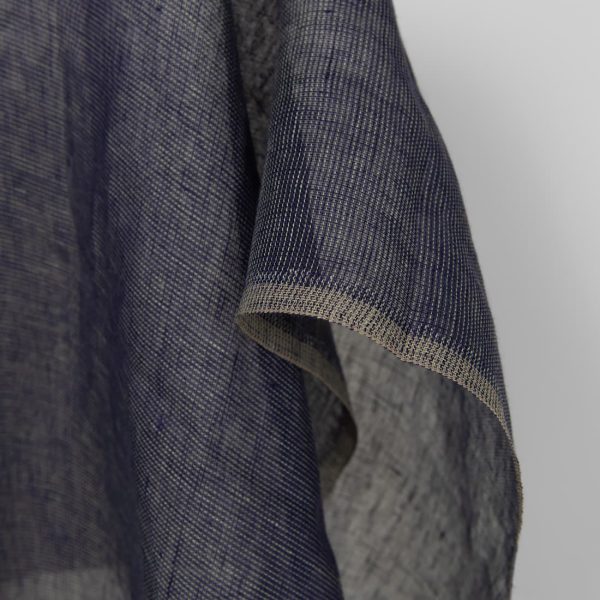 Linen fabric dark cobalt blue and green transparent, fabric edge