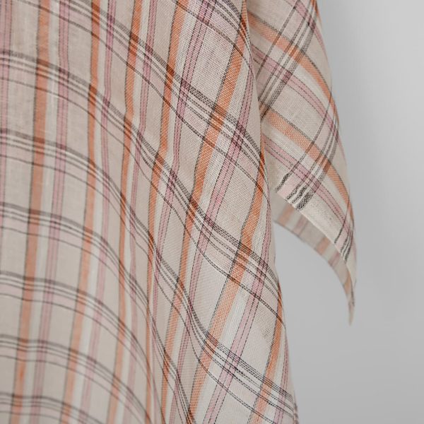 Linen fabric beige orange pink checks multicolour gauze, 100% linen