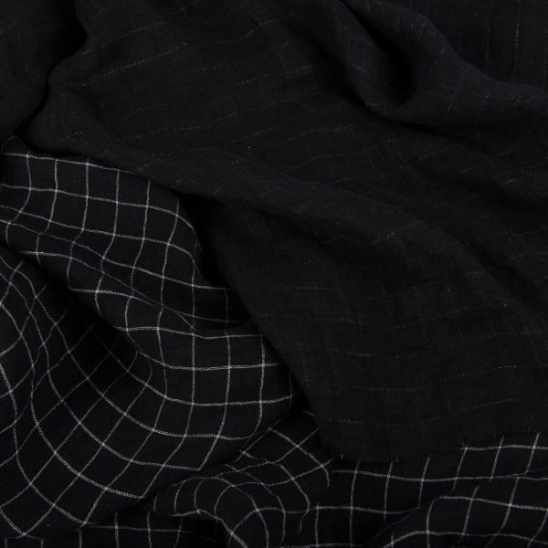 ブラックチェック 二重織りリネン生地 ウォッシュ加工