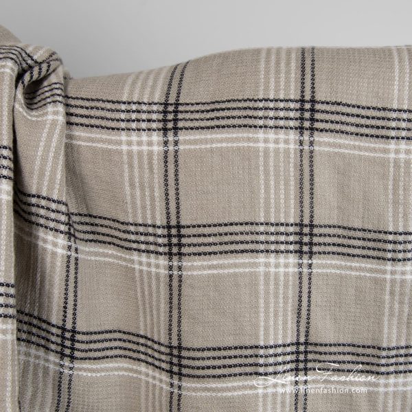 Grey brown linen fabric in checks, perfect for towels, bathrobes and bedding sets