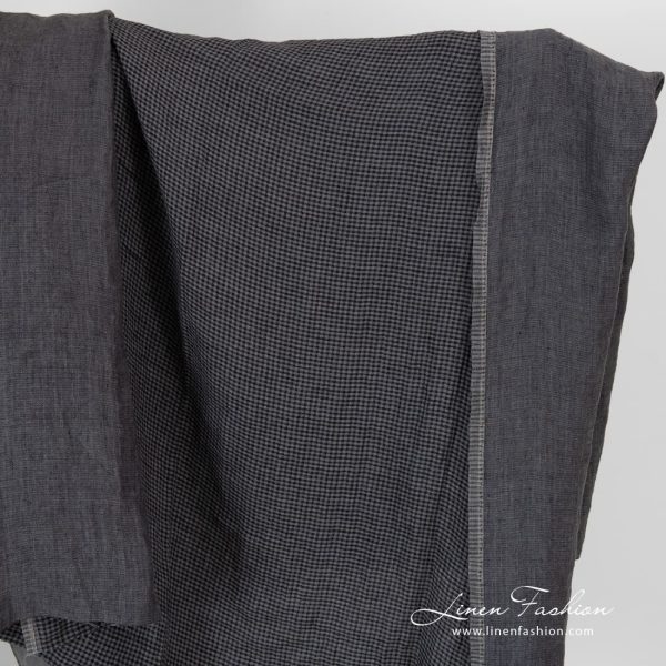 Grey checked double sided linen fabric, washed.