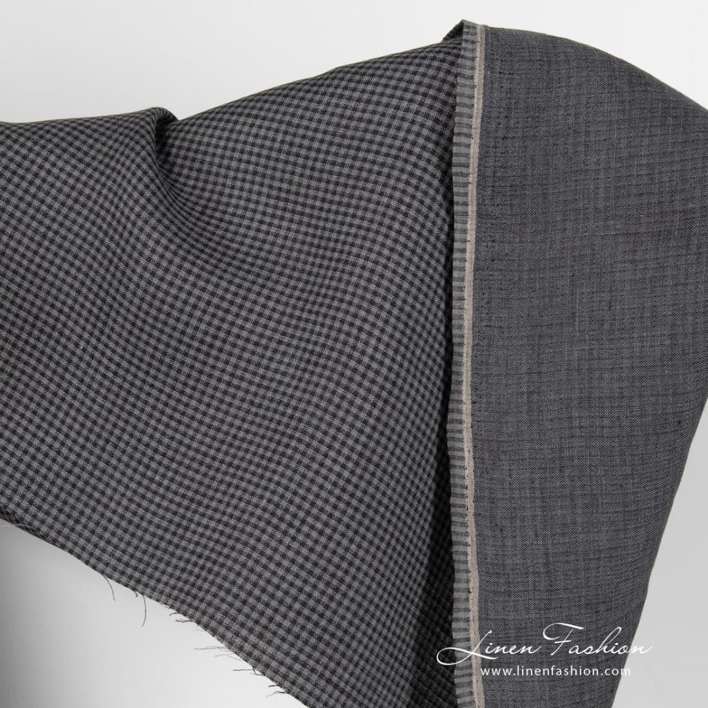Black grey checked linen fabric.