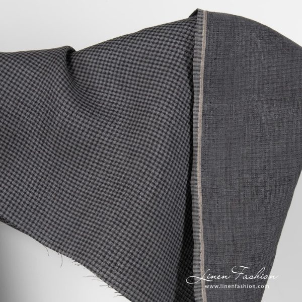 Black grey checked linen fabric.