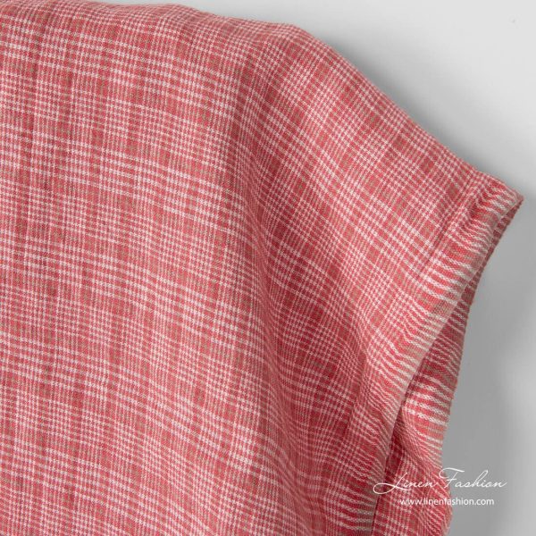Checked linen fabric in rose squares and white checks, washed