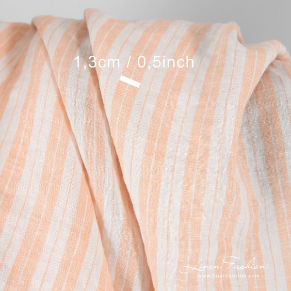 Striped linen fabric in peach color, perfect for clothes and home textile
