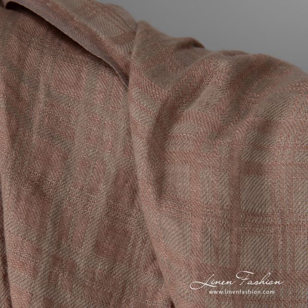 Washed linen fabric brownish grey colour check pattern close up view