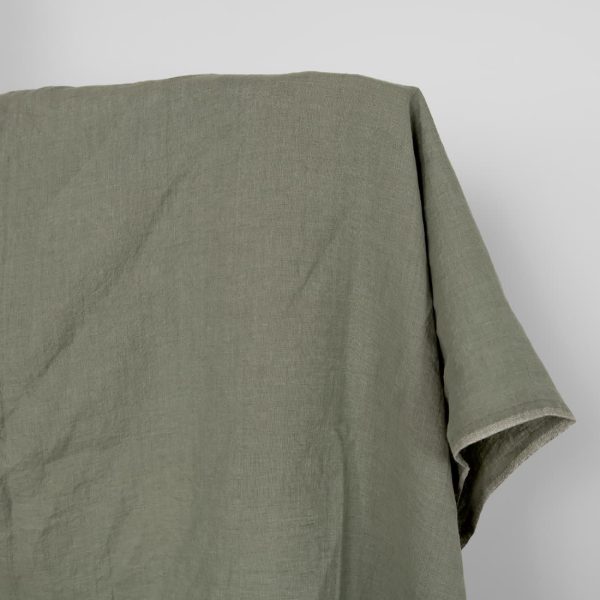 Washed linen fabric greyish green melange, 100% linen