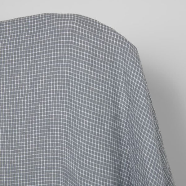 Washed linen fabric grey white checks, pure linen
