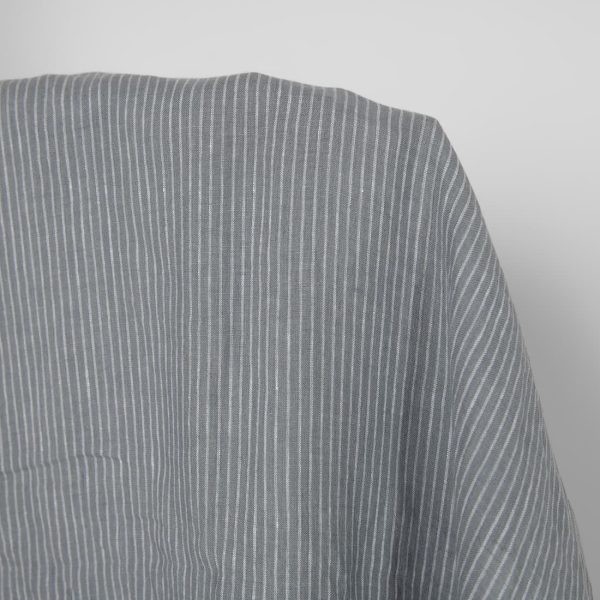 Washed linen fabric grey white stripes, 100% linen